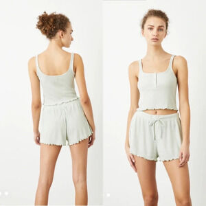Bandier Wesley WSLY Loungewear Set: Hudson Henley Ribbed Tank + Short Soft Sage